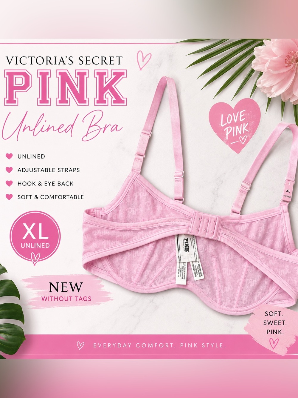 Victoria’s Secret PINK Pink Unlined Lace Mesh Underwire Bra XL NWT